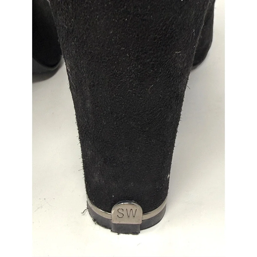 Stuart Weitzman Black Suede Lace Up Knee High Block Heel Boots 8M 51359